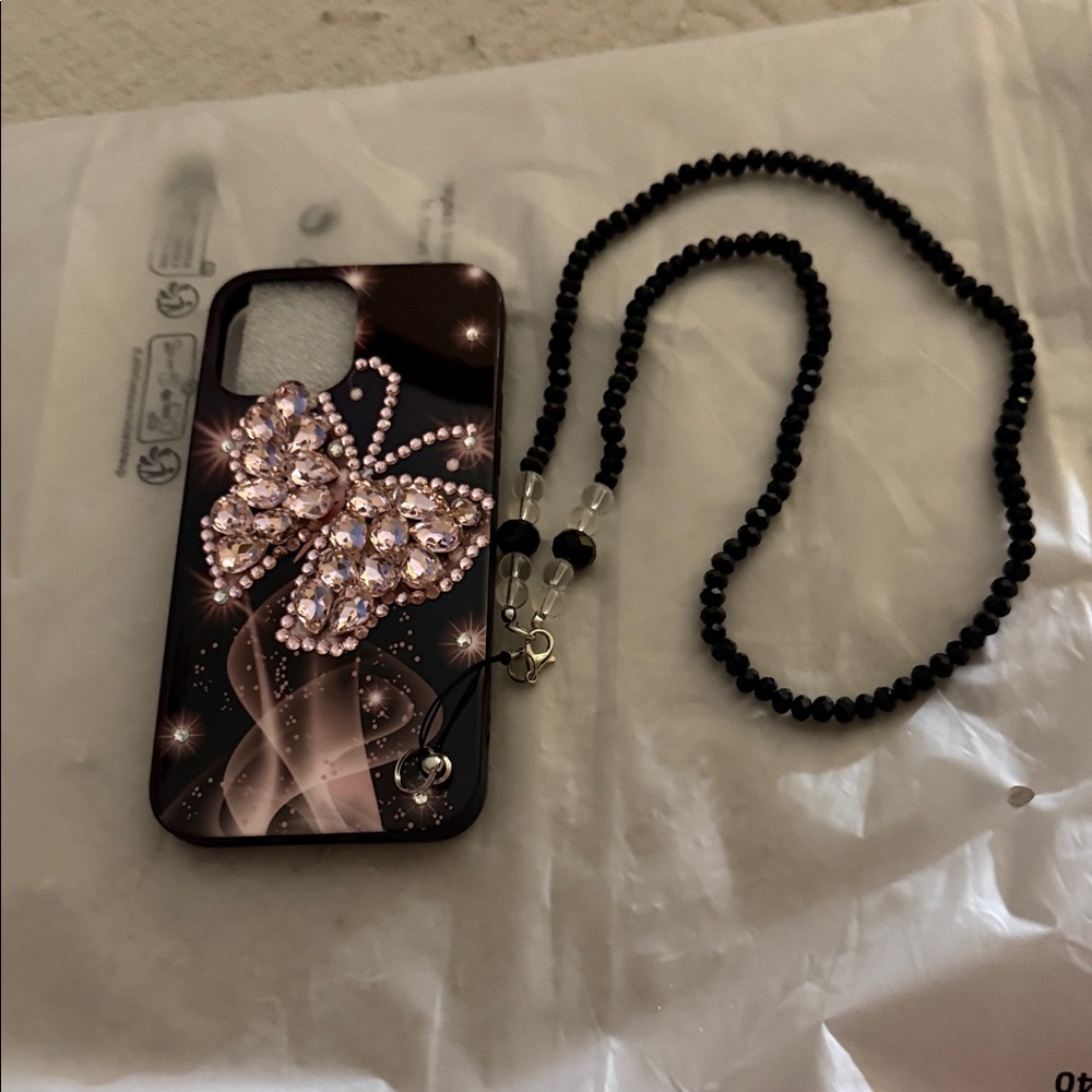 Black and Pink Butterfly Phone Case with Beaded Strap